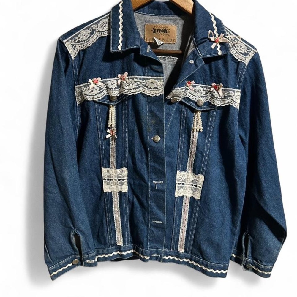Navy denim jacket with lace detailing, embroidery, and beading jacket 90s medium